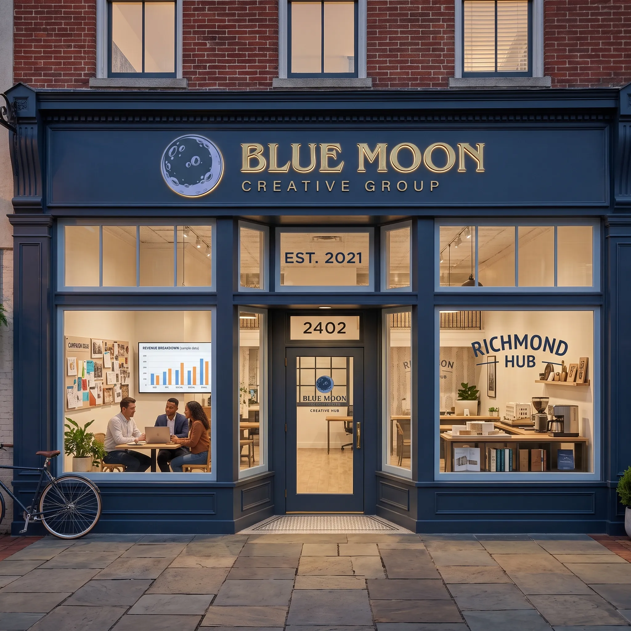The Blue Moon Creative Group storefront at dusk, with the logo on the shop sign